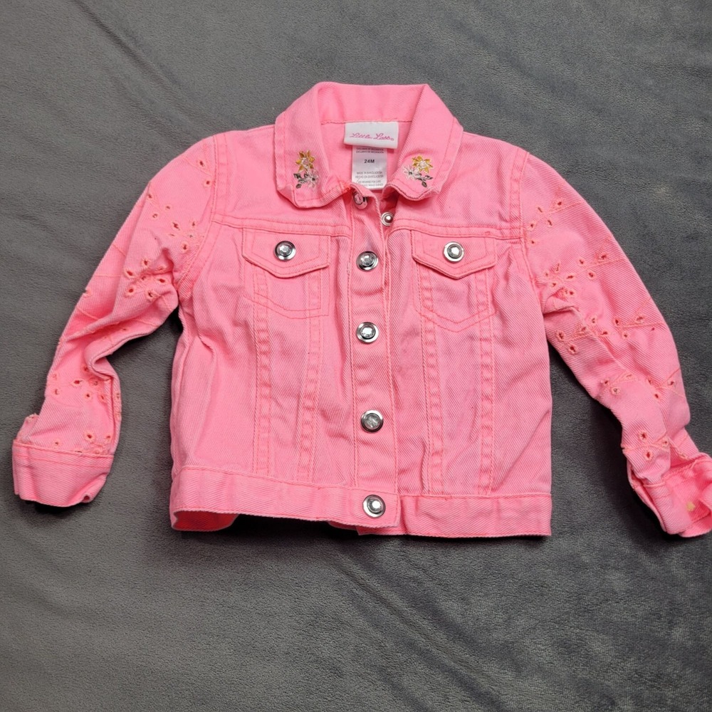 Little Lass Toddler Girls Pink Embroidered Denim Jacket W/ Rhinestone Buttons...